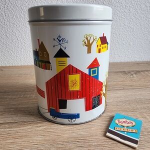 60s 70s VINTAGE Pennsylvania Dutch Lidded Candy Tin Canister Country Rural Farm